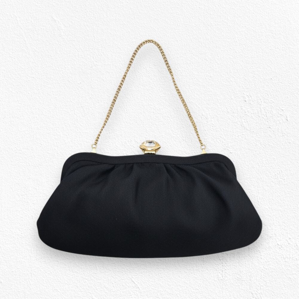 Vintage 1950s Black Evening Bag Gold Clasp Chain Handle Mid Century Purse